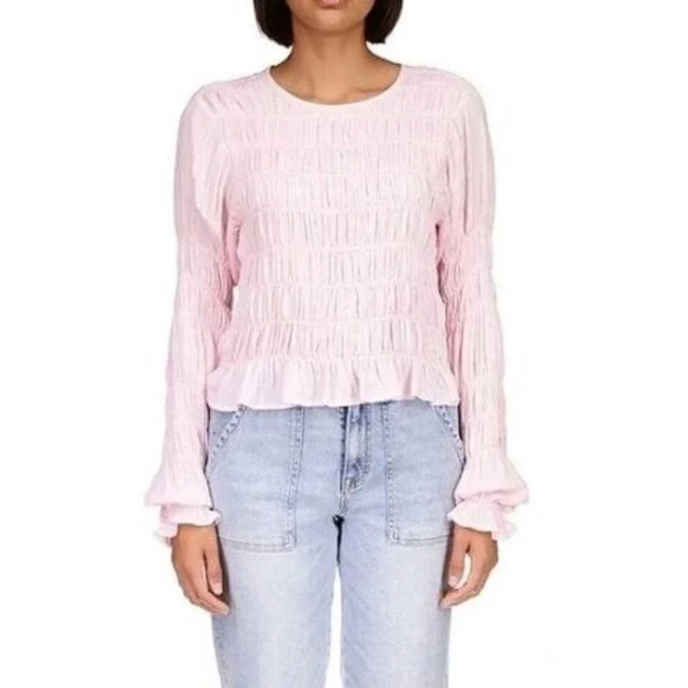 SANCTUARY Coquette StatementSmocked Women Small Pink Long Sleeve Ruffle Blouse